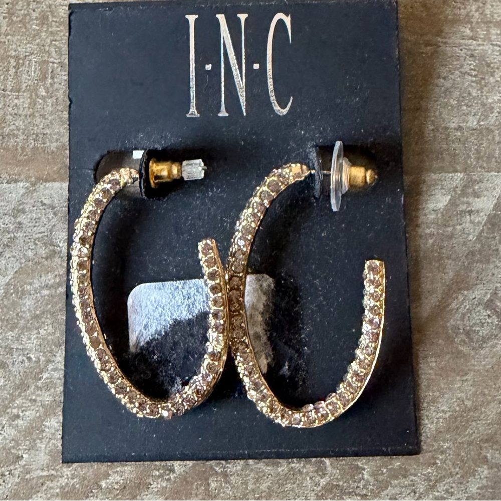 INC gold tone crystal hoop earrings. New. $15